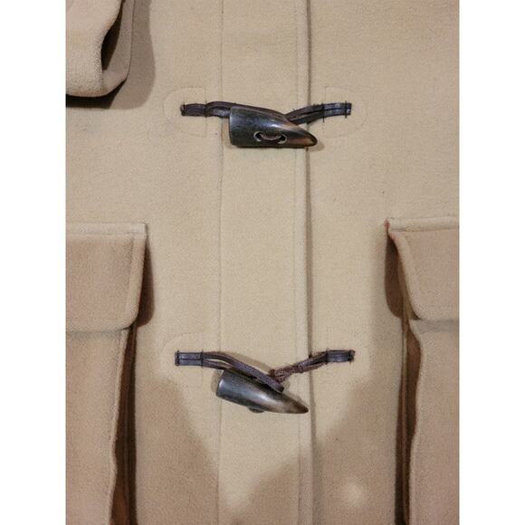 Vintage Lands‎ End 100% Wool Toggle Hooded Coat Medium Tan Nylon Lined Jacket - Picture 2 of 9